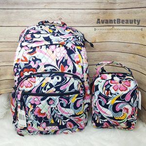 Vera Bradley Set Essential Backpack Mod Paisley Pink Cotton Bookbag Lunch Bunch